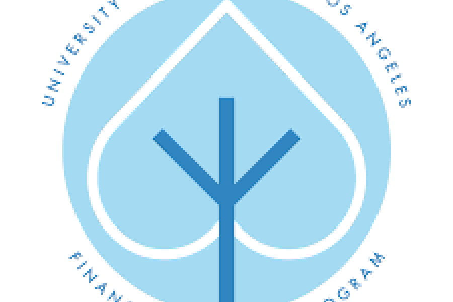 blue logo with heart shaped tree in the middle and the words, financial wellness program surrounding it