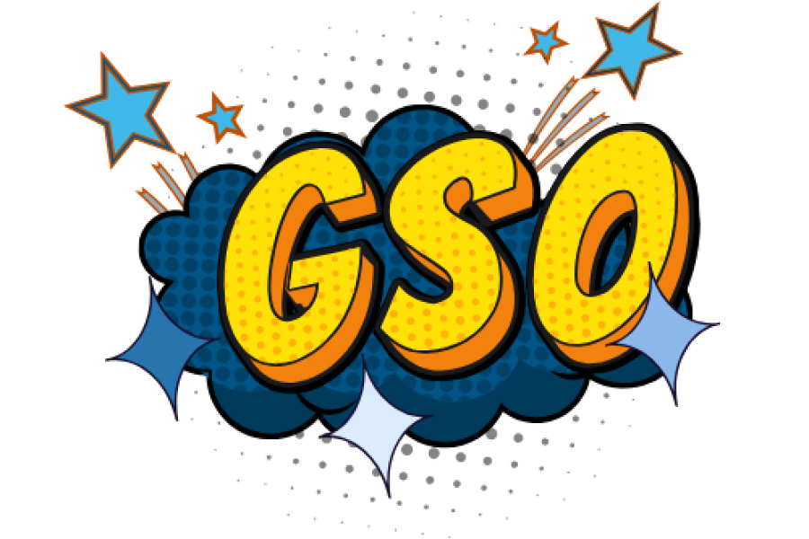 Letters spelling "GSO" in yellow popping out of blue cloud in a comic book theme