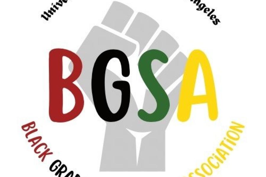 Logo with the University of California Los Angeles at the top and Black Graduate Student Association at the bottom in Red, Black, Green, and Yellow colors.